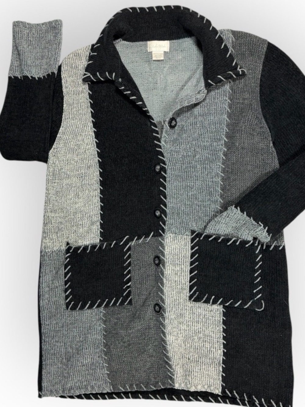 Studio‎ Works Womens Patchwork Whipstitch Long Cardigan Sweater Gray Black Large